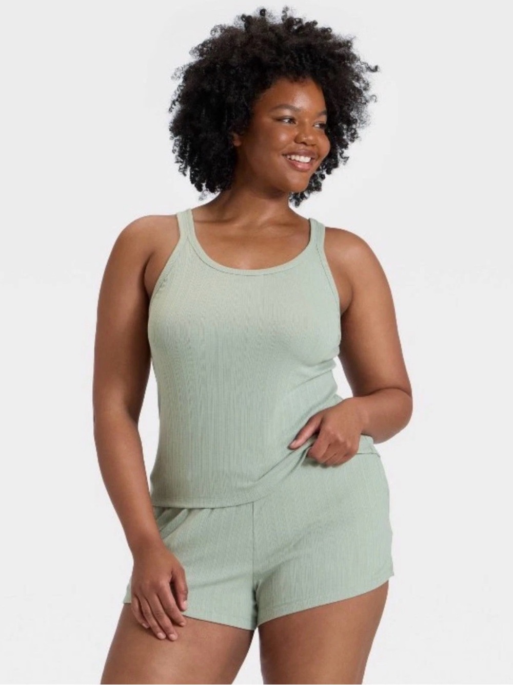 Women's Ribbed Tank Top and Shorts Pajama Set - Auden - Green - 1X